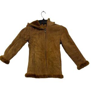 UGG Girls Brown Genuine Leather Hooded Coat With Faux Fur Trim Size 8